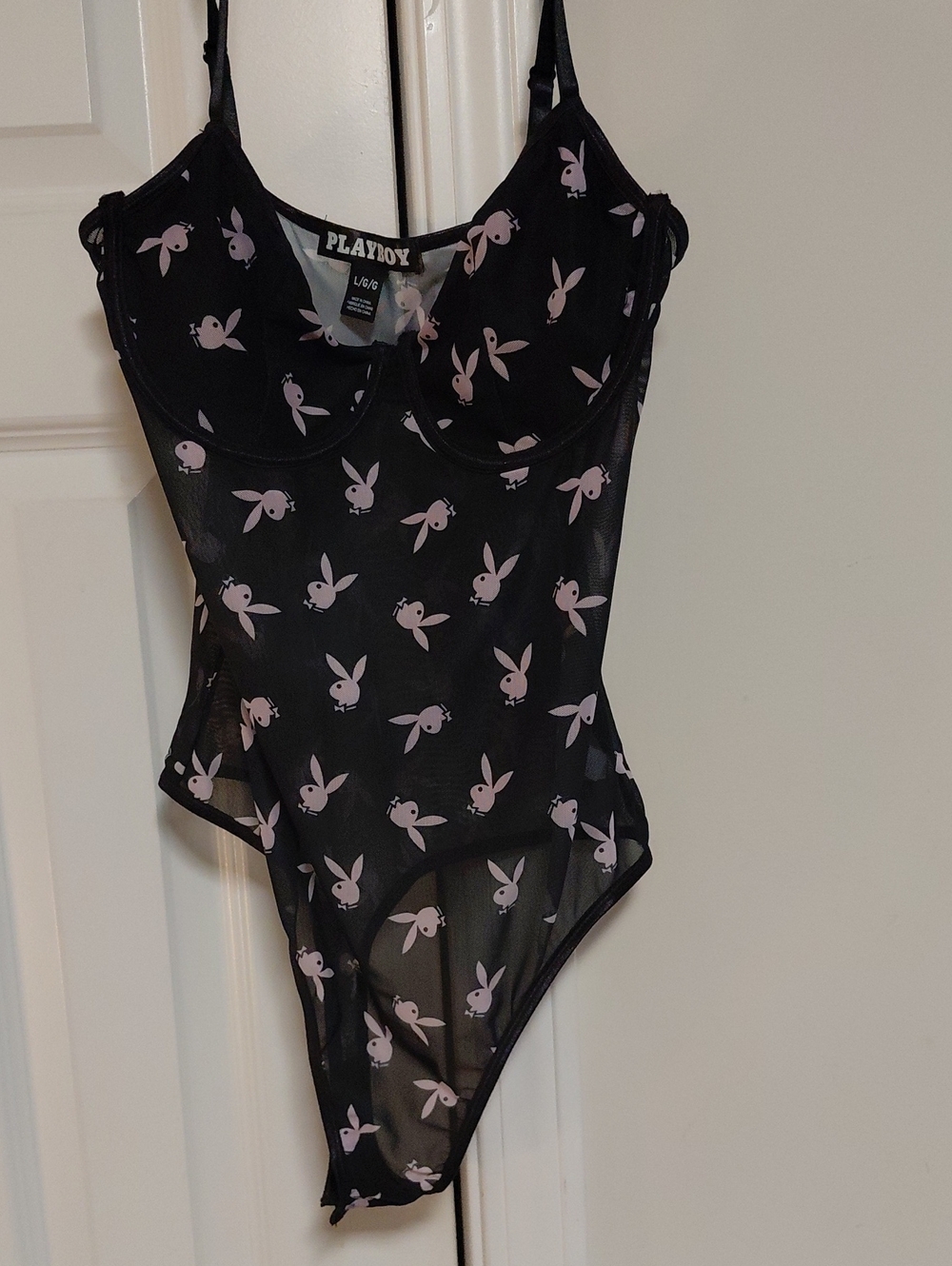 Playboy The Icon Bodysuit Floral Sheer Bodysuit in Black & Pink